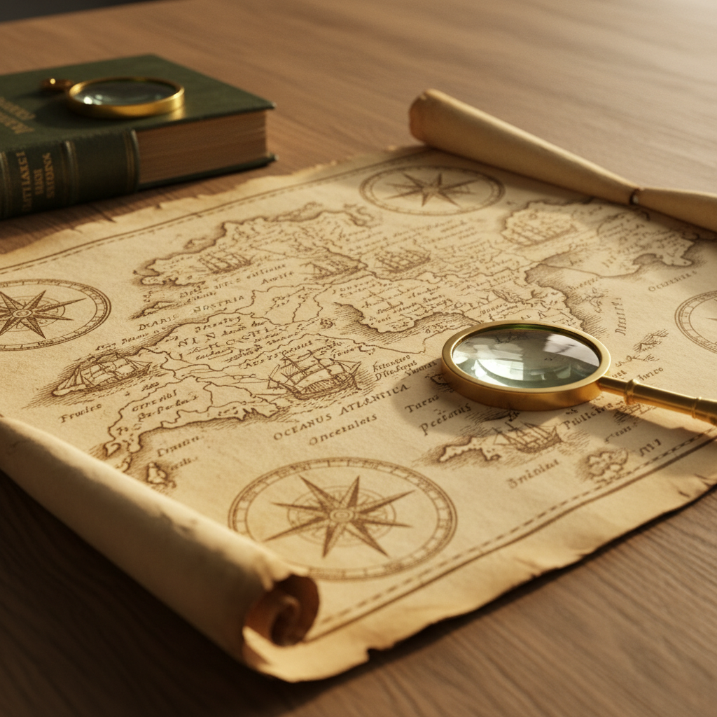 A close-up of an antique parchment map unfurled across a sturdy oak table, its edges gently curled and slightly frayed. Fine ink lines trace old trade routes, seas are labeled in Latin, and faded compass roses adorn the corners. Beside it rests a dark green clothbound history book and a small brass magnifying glass, its lens catching a glint of light. Warm golden-hour sunlight enters from the right, skimming across the textured paper and highlighting its creases while casting long, soft shadows. Photographic realism with a shallow depth of field and low, angled composition creates an intimate, exploratory mood perfect for historical inquiry.
