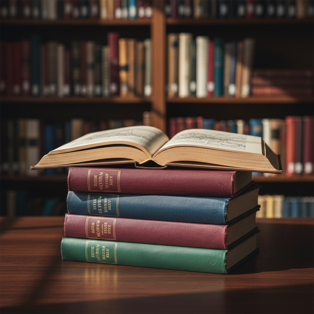 An elegant stack of well-worn hardcover history books arranged neatly on a dark walnut desk, their cloth spines in deep burgundy, navy, and forest green with gold-embossed titles. A single open volume lies on top, revealing creamy, slightly yellowed pages filled with dense text and a detailed map. In the background, tall wooden shelves fade into a soft blur, lined with more volumes. Late-afternoon natural light streams from an unseen window to the left, casting warm, angled beams and gentle shadows. Photographic realism at an eye-level angle, with shallow depth of field, creates a sophisticated, contemplative mood suited for a serious books-and-history blog.