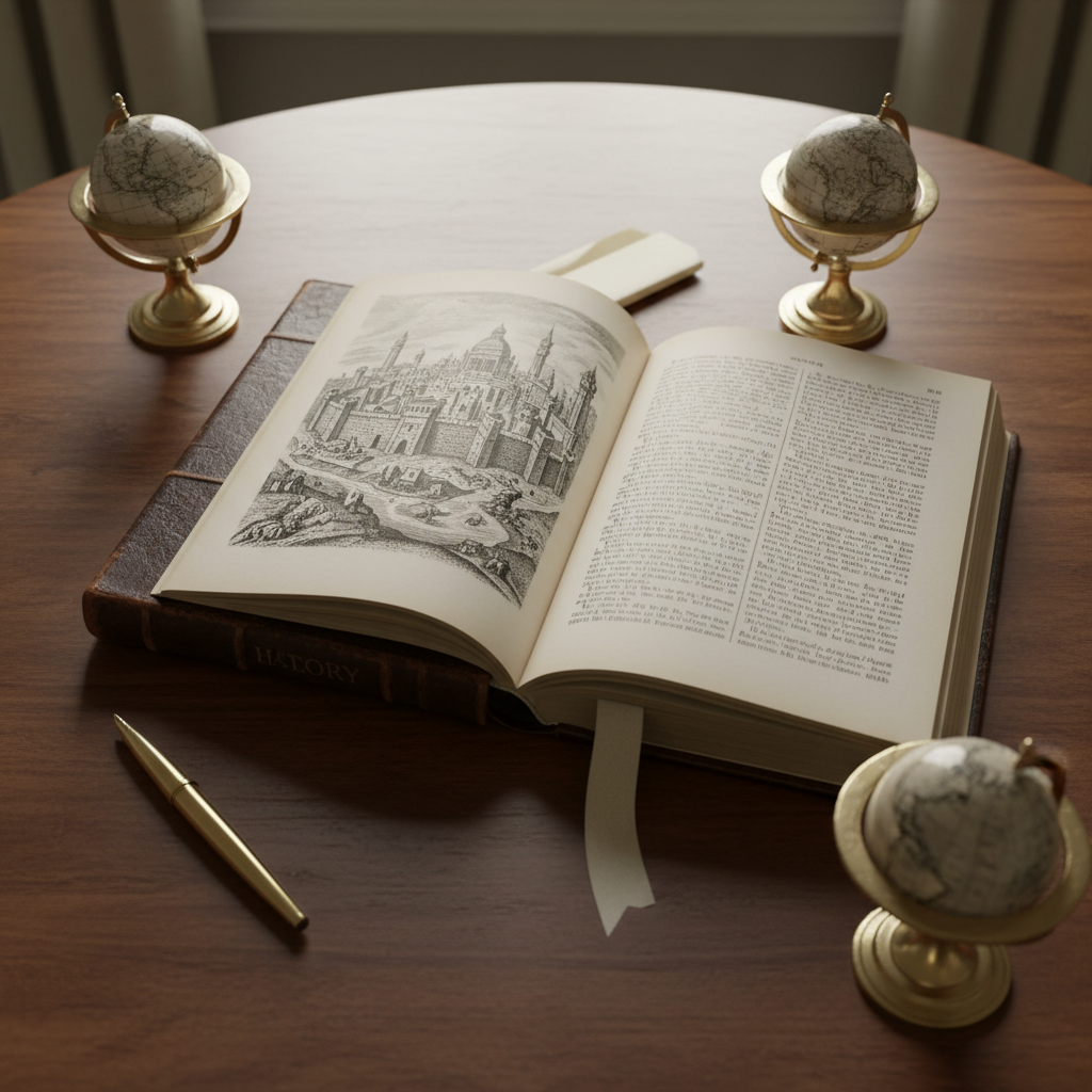 A solitary, leather-bound history tome resting open at the center of a polished mahogany table, its spine subtly cracked from use. The visible spread shows an intricate black-and-white engraving of an ancient city alongside tidy columns of text. Around it lie a brass fountain pen, a folded linen bookmark, and a pair of brass bookends shaped like miniature globes. Soft, diffused overcast window light illuminates the scene from above, producing delicate highlights on the leather grain and faint shadows across the pages. Captured in photographic realism from a slightly elevated angle with the book centered using the rule of thirds, the atmosphere feels calm, studious, and refined.